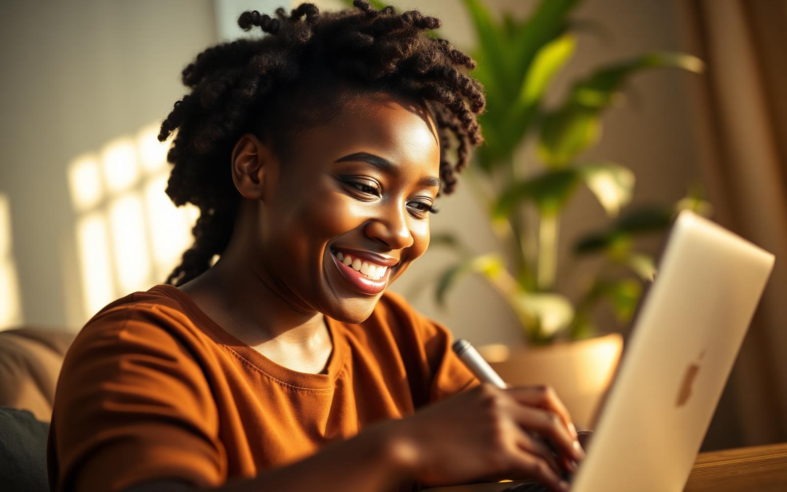 Young Nigerian woman smiling while signing up on a laptop in a sunlit apartment