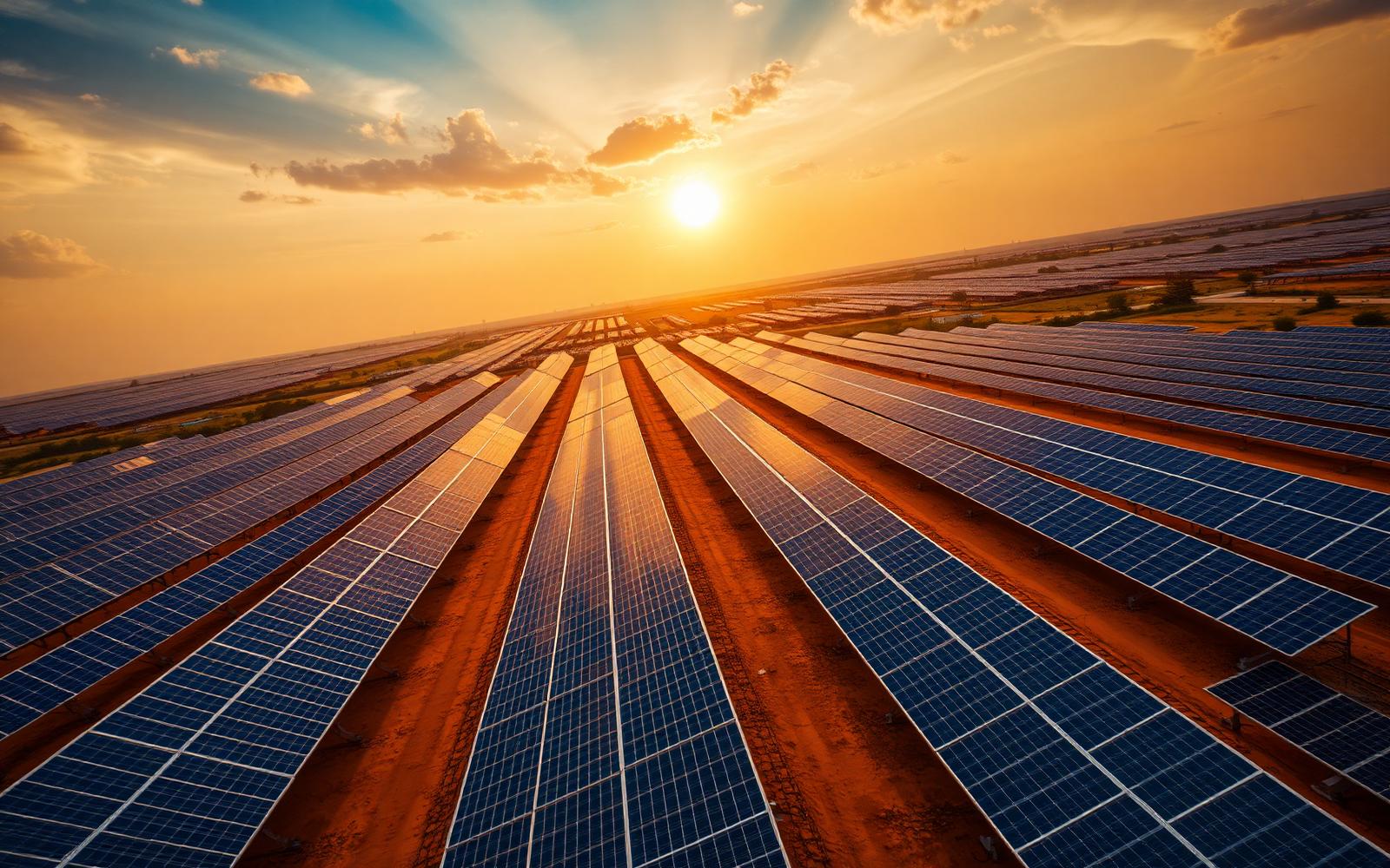 Aerial view of a vast Nigerian solar farm at sunrise