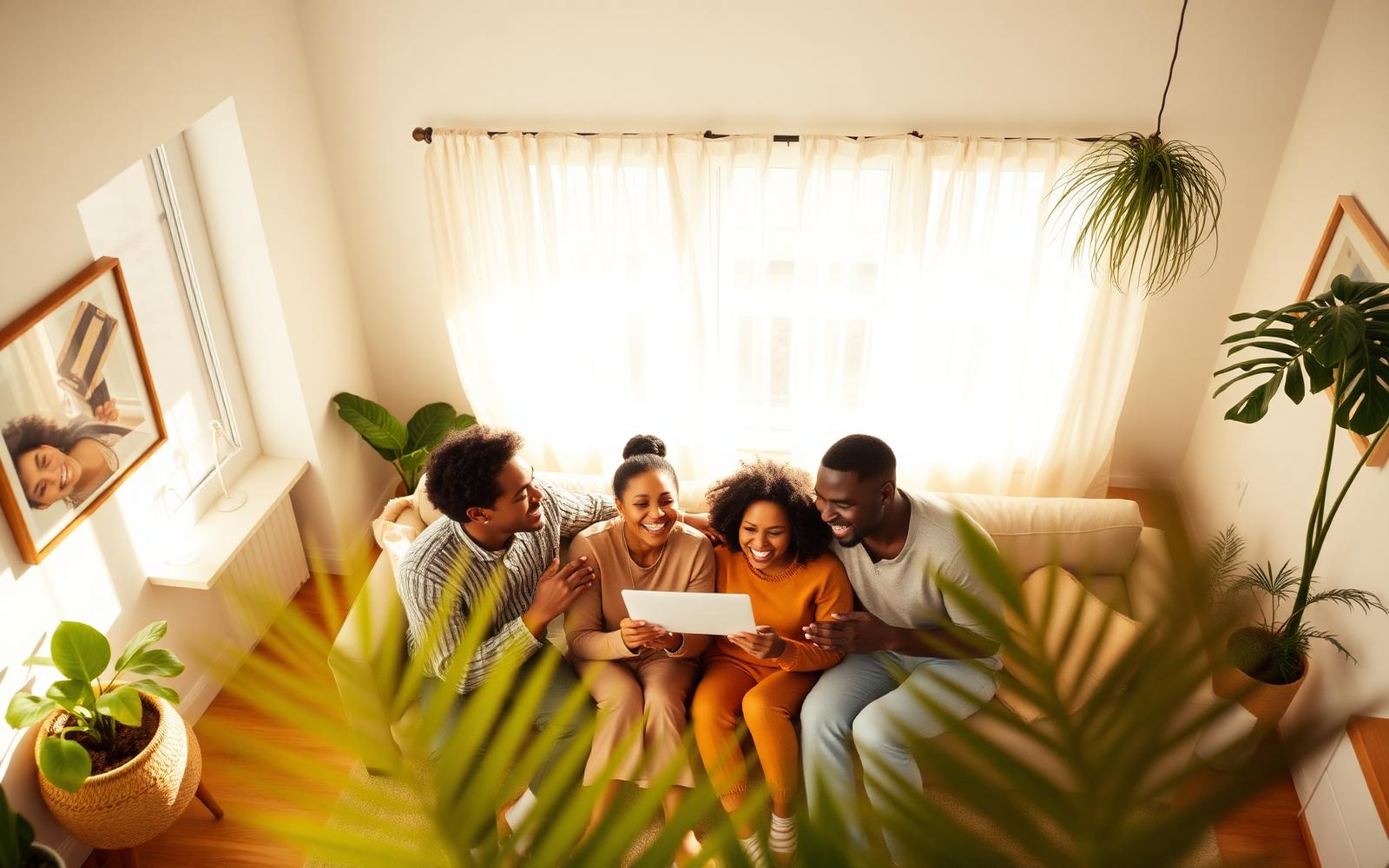 Nigerian family celebrating together in a bright warm living room