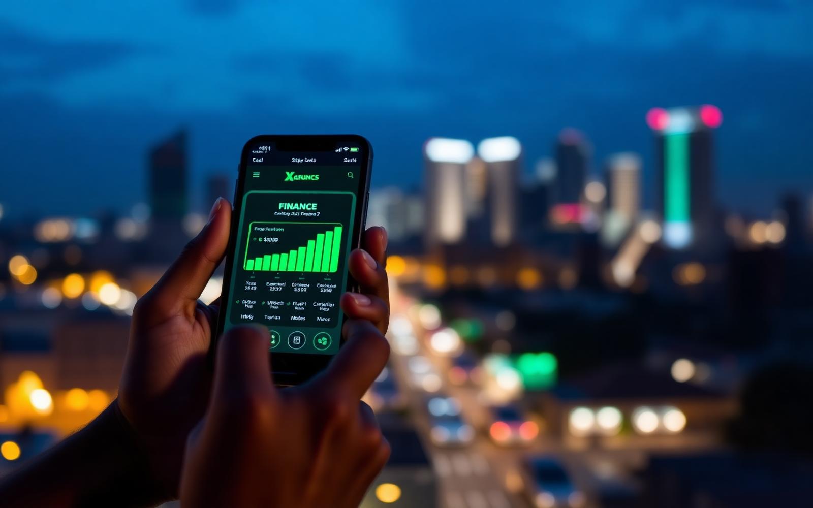 Hands holding a smartphone showing a finance app with Lagos skyline at blue hour