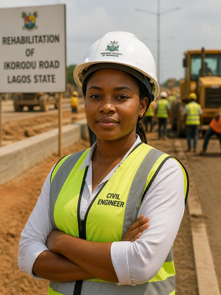 Portrait of a Nigerian woman civil engineer at a road site