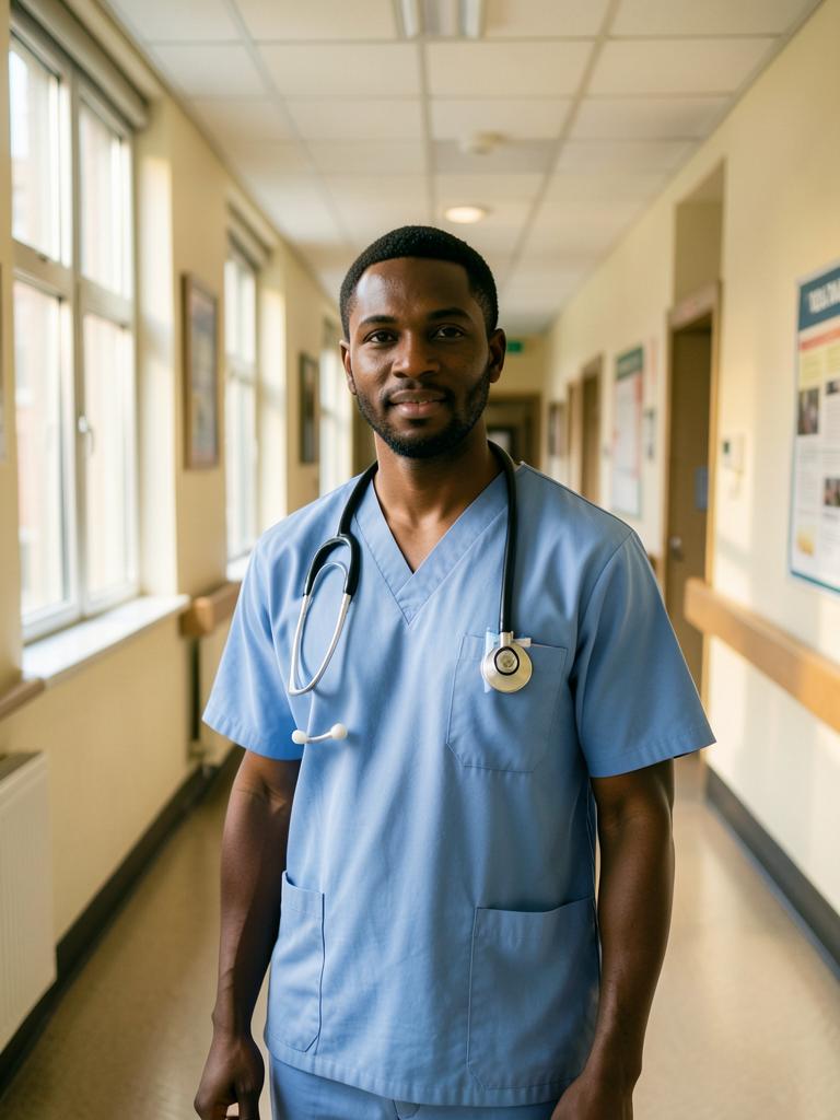 Portrait of a Nigerian doctor in scrubs in a UK hospital