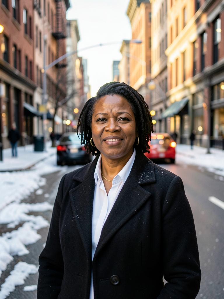 Portrait of a Nigerian woman in a winter coat on a Toronto street