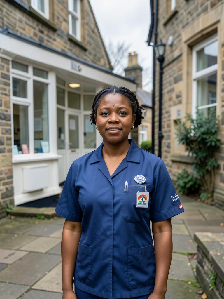 Portrait of a Nigerian nurse outside a clinic in Ireland