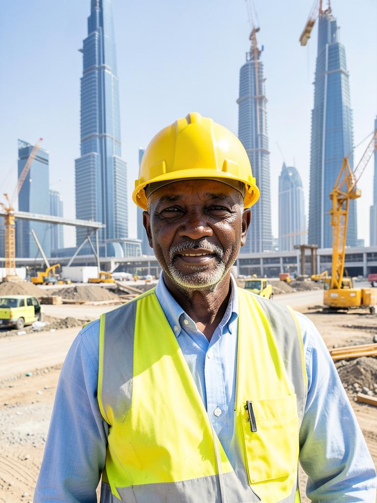 Portrait of a Nigerian engineer in a hard hat on a Dubai site