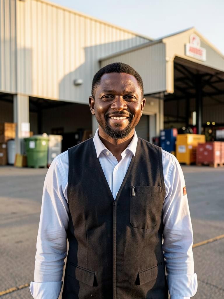 Portrait of a Nigerian logistics business owner outside a warehouse