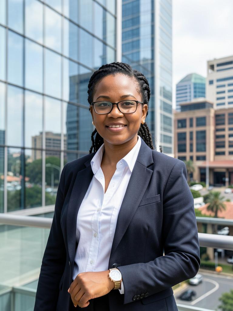 Portrait of a Nigerian accountant outside a Johannesburg office